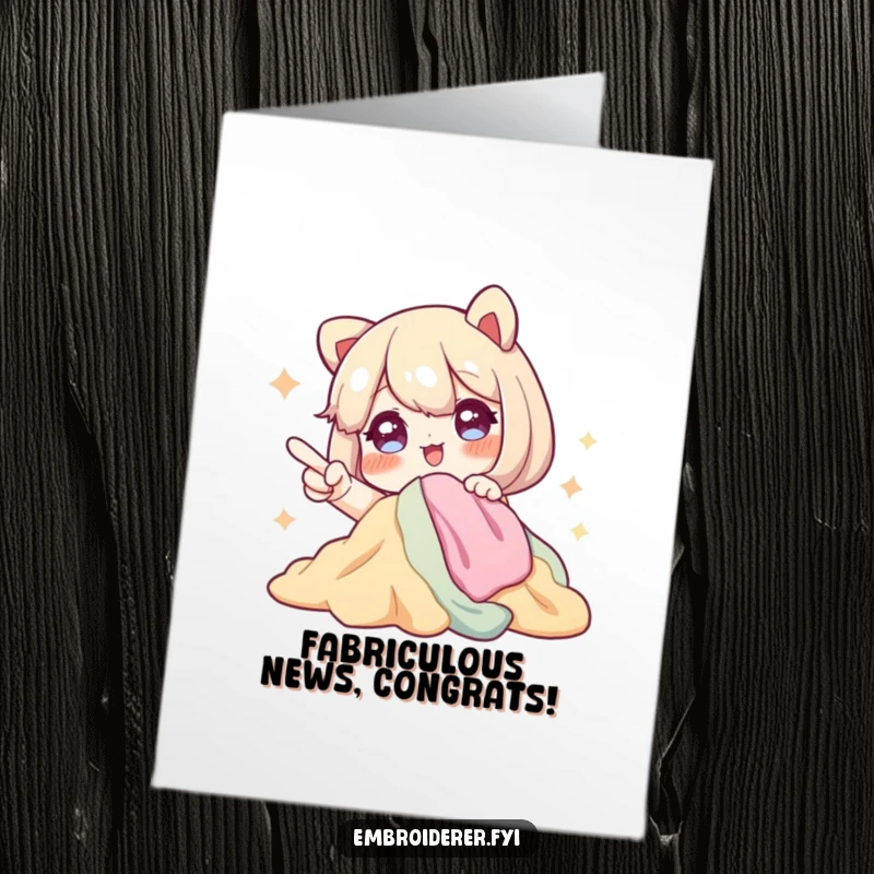 Funny Free Printable Congrats Card featuring a character with sparkling eyes excitedly pointing at a mountain of fabric, celebrating a new project.