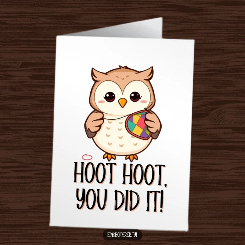 Funny free printable congratulations card: a smiling owl expertly stitches a patch, celebrating a special achievement.