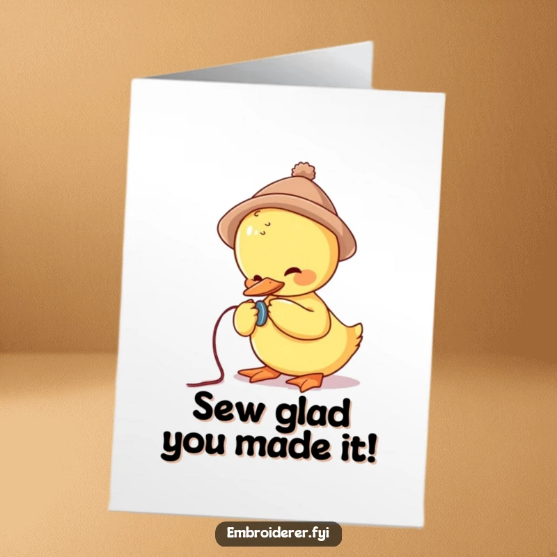 Funny Free Printable Congratulations Card: A cute duck wearing a small hat struggles comically while trying to sew a button.