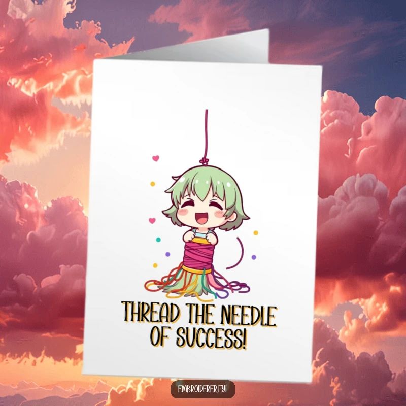 Funny Free Printable Congratulations Card: Giggling character dropping a colorful thread spool, creating a celebratory cascade.