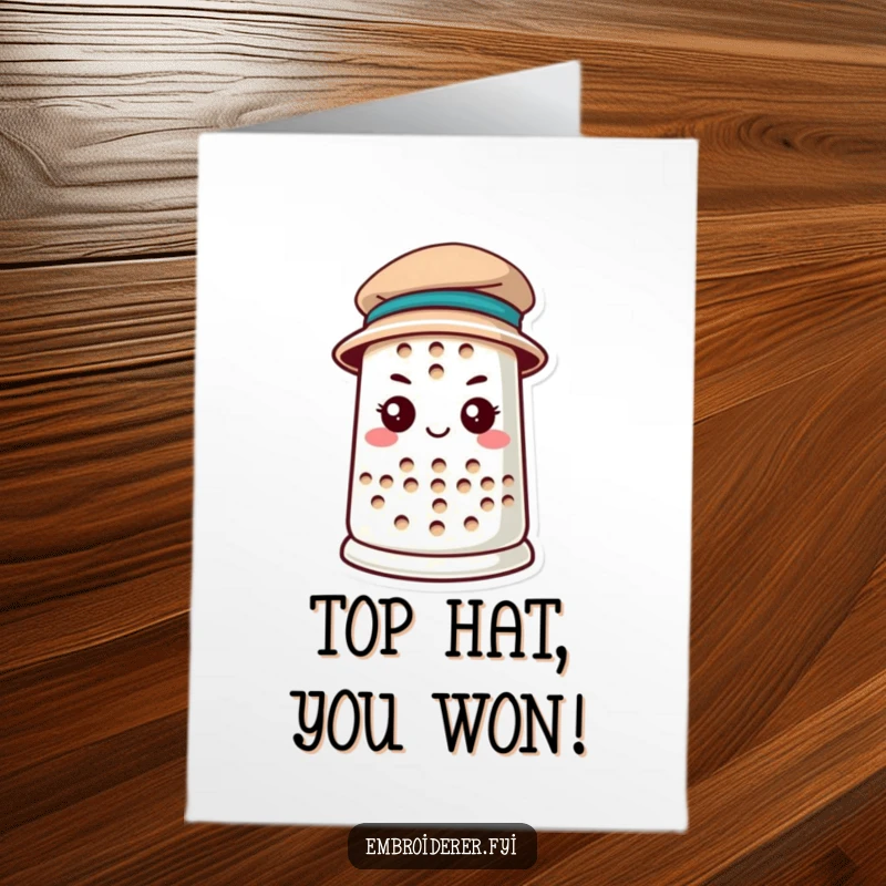 Charming Free Printable Congratulations Card of a determined thimble sporting a tiny hat, celebrating success with pride.