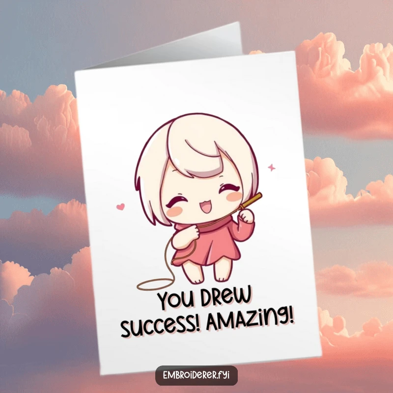 Funny Free Printable Congratulations Card: Playful character sewing decorative swirls, an artistic downloadable gift.