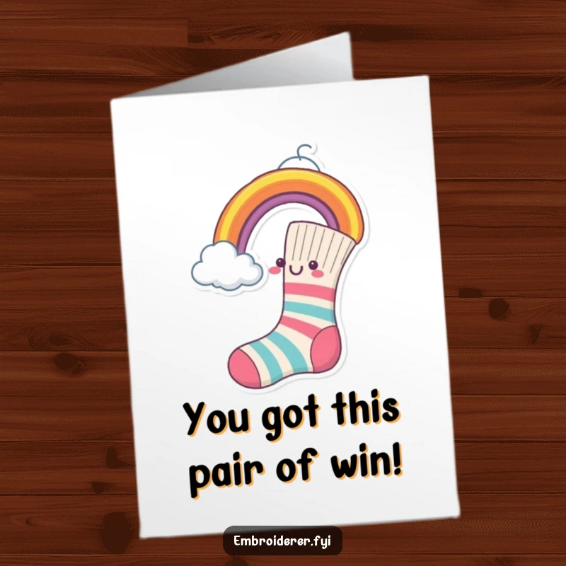 Funny Free Printable Congratulations Card: A happy sock attempting to sew a rainbow onto a cloud, symbolizing creative achievement.