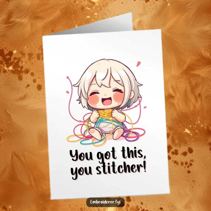 Funny Free Printable Congratulations Card: Character giggling amidst colorful embroidery thread, celebrating a fun, messy achievement.