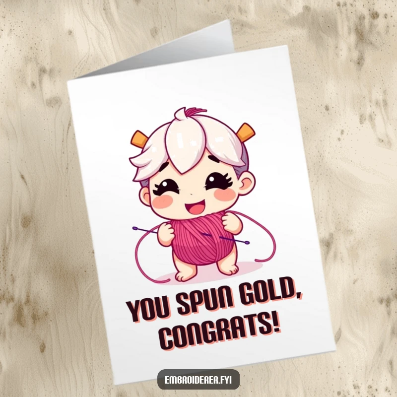 Free Printable congratulations card with a joyful character gleefully unspooling vibrant embroidery floss, celebrating success.