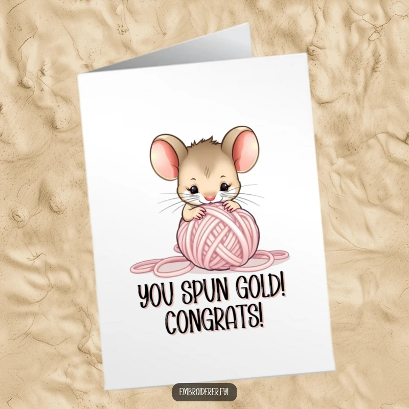 Funny Free Printable Congratulations Card: A small, curious mouse investigates a giant, messy ball of tangled yarn with wide eyes.