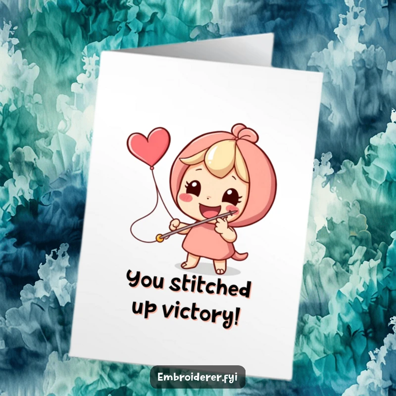 Funny Free Printable Congratulations Card: Character stitches a flying heart with a giant needle, celebrating a wonderful achievement.