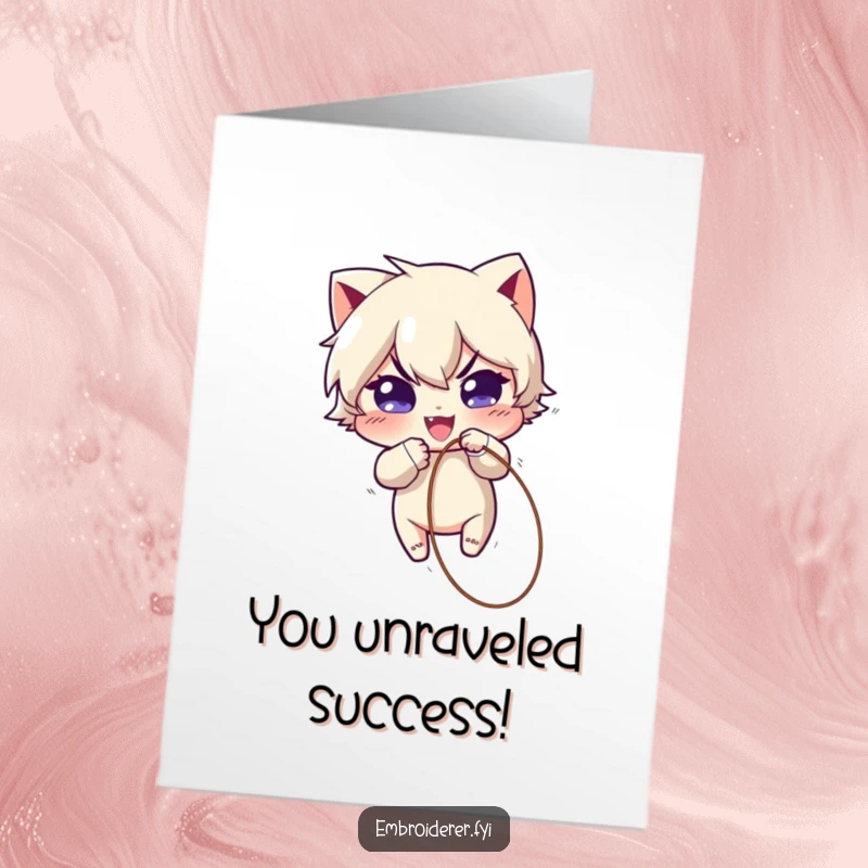 Funny Free Printable Congrats Card: Mischievous character tugging a thread loose, symbolizing witty congratulations and playful achievements.