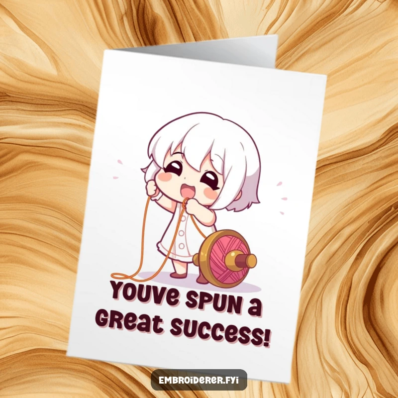 Funny Free Printable Congratulations Card showcasing a character joyfully pulling a long, colorful thread, symbolizing a great achievement.