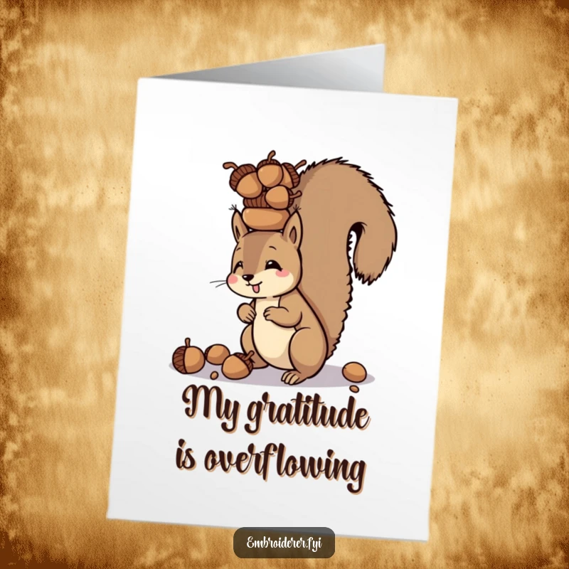 Funny Free Printable Thank You Card: A squirrel balances a pile of acorns on its head, conveying thanks with humor.