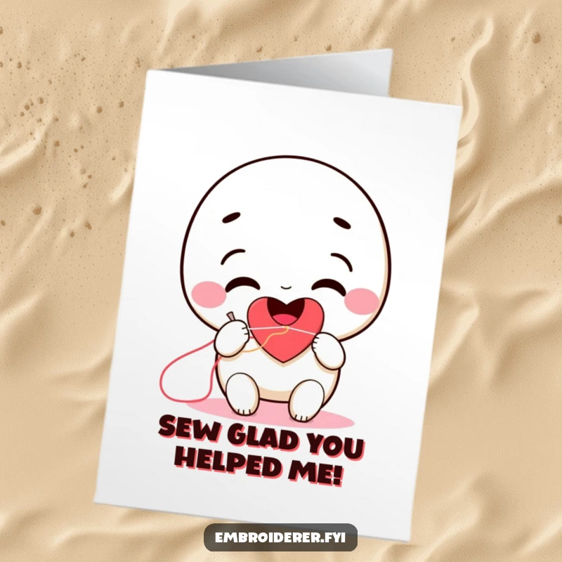 Funny Free Printable Thank You Card: Character smiling while using needle and thread to sew a bright red heart.