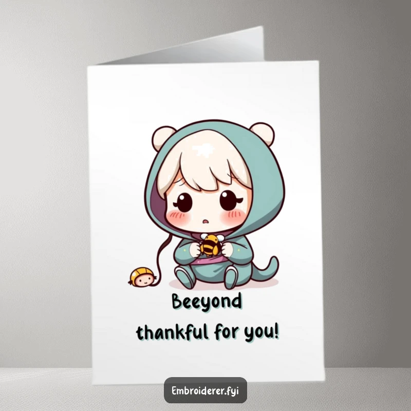 Funny Free Printable Thank You Card: Character surprised by accidentally sewing a tiny, buzzing bee.