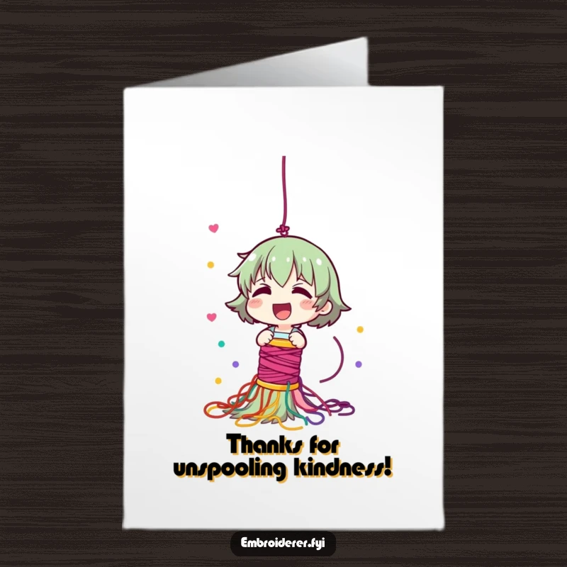 Funny Free Printable Thank You Card: Giggling character dropping a thread spool, resulting in a beautiful, colorful cascade.