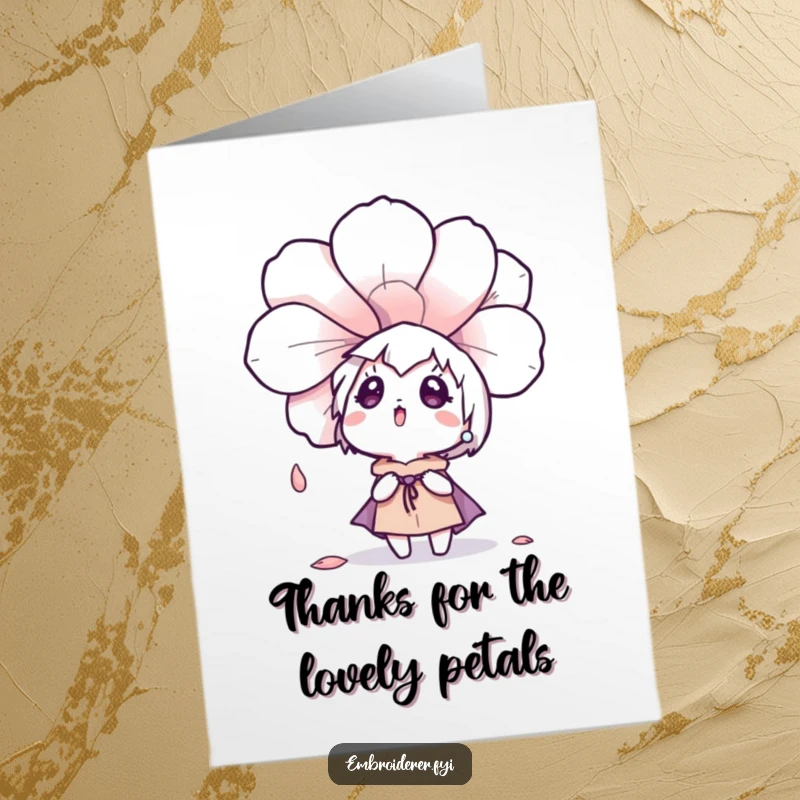 Funny Free Printable Thank You Card: Surprised character looks up as a large embroidered flower petal drifts down, expressing thanks.