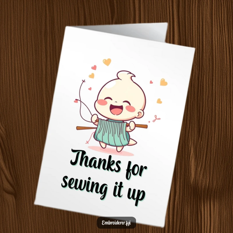 Funny Free Printable Thank You Card: Cheerful figure laughing as stitches fly from a needle at high speed, a funny thank you. A downloadable gift.