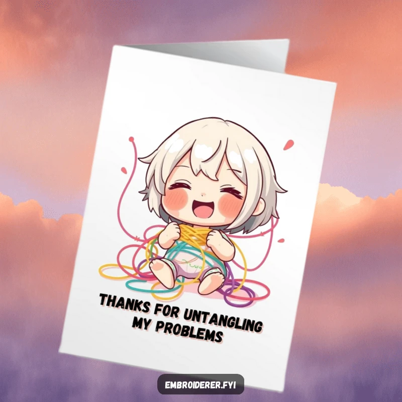 Funny Free Printable Thank You Card: Character giggling while happily entangled in colorful embroidery thread, a symbol of creative fun.