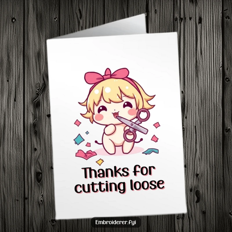 Funny Free Printable Thank You Card: Character with scissors in mouth snipping fabric, showing thanks.