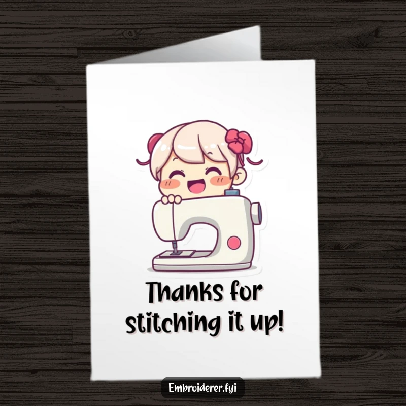 Funny Free Printable Thank You Card: A delighted character joyfully at a sewing machine, expressing thanks through creative stitching.