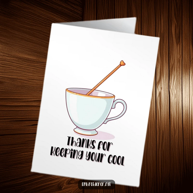 Funny free printable thank you card illustrating a teacup precariously balancing a giant needle on its rim, a humorous expression of gratitude.
