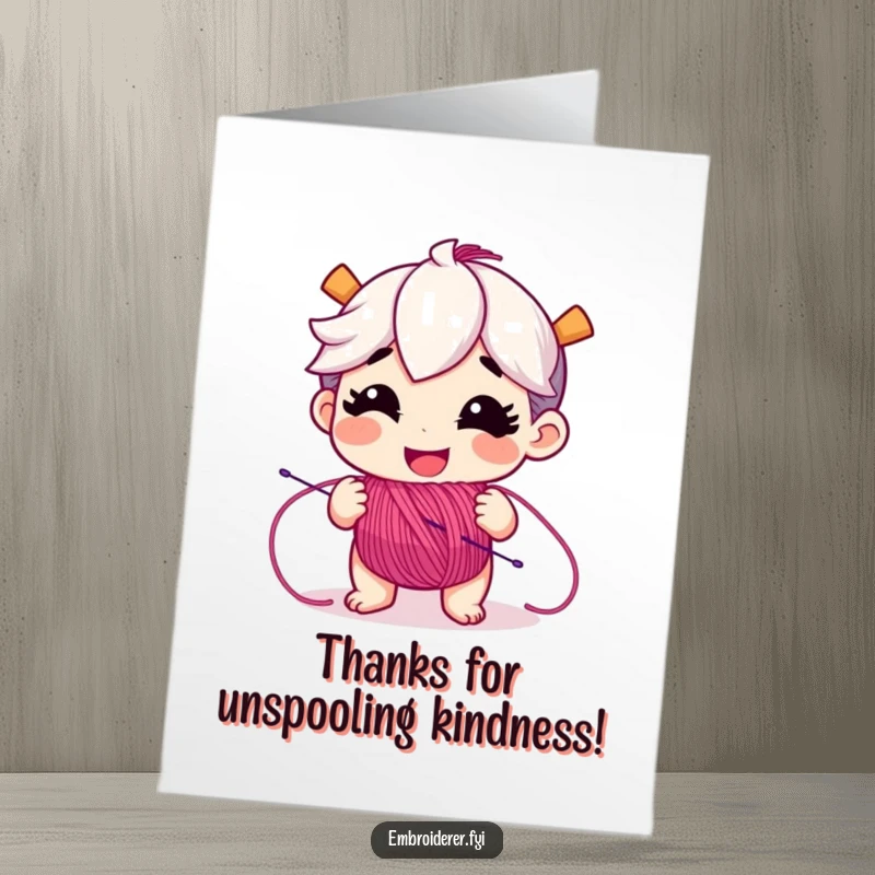 Free Printable thank you card featuring a character with a wide grin, playfully unspooling colorful embroidery floss in a gesture of thanks.