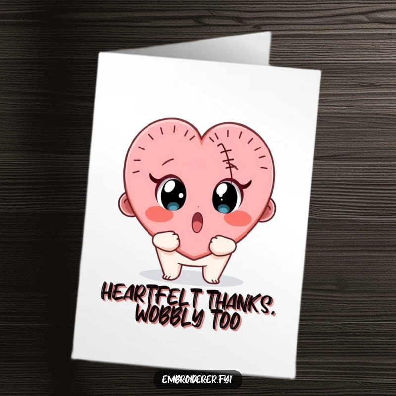 Funny Free Printable Thank You Card: Wide-eyed character looks at a wobbly stitched heart, a charming downloadable gift.
