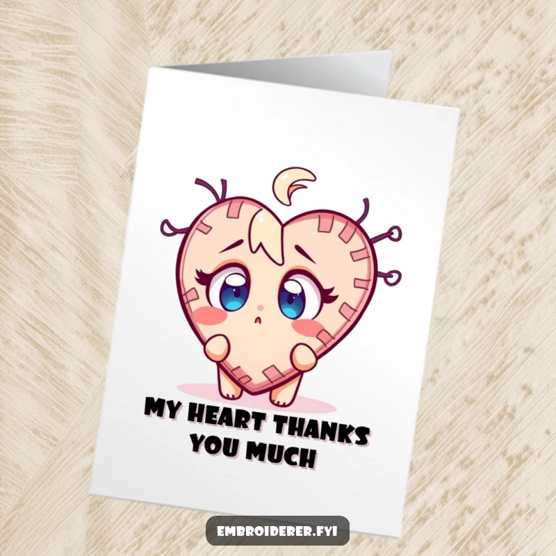 Funny Free Printable Thank You Card: A surprised character wide-eyed at a wobbly, half-finished stitched heart, conveying thanks.