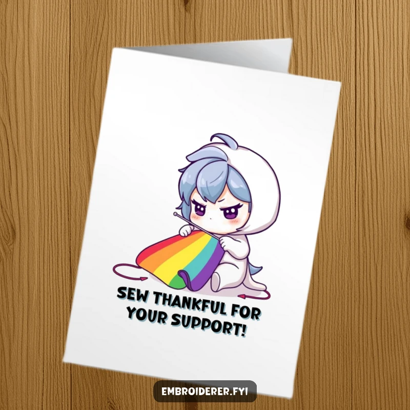 Funny Free Printable Thank You Card: Character focused on sewing a vibrant rainbow with a large needle.