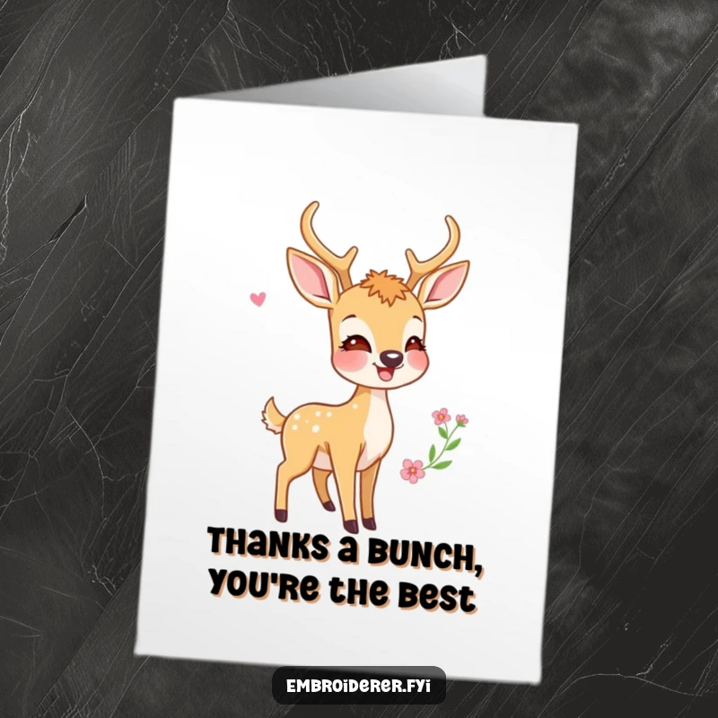 Funny Free Printable Thank You Card: A delighted deer admires its own embroidery work, offering a unique way to say thanks.