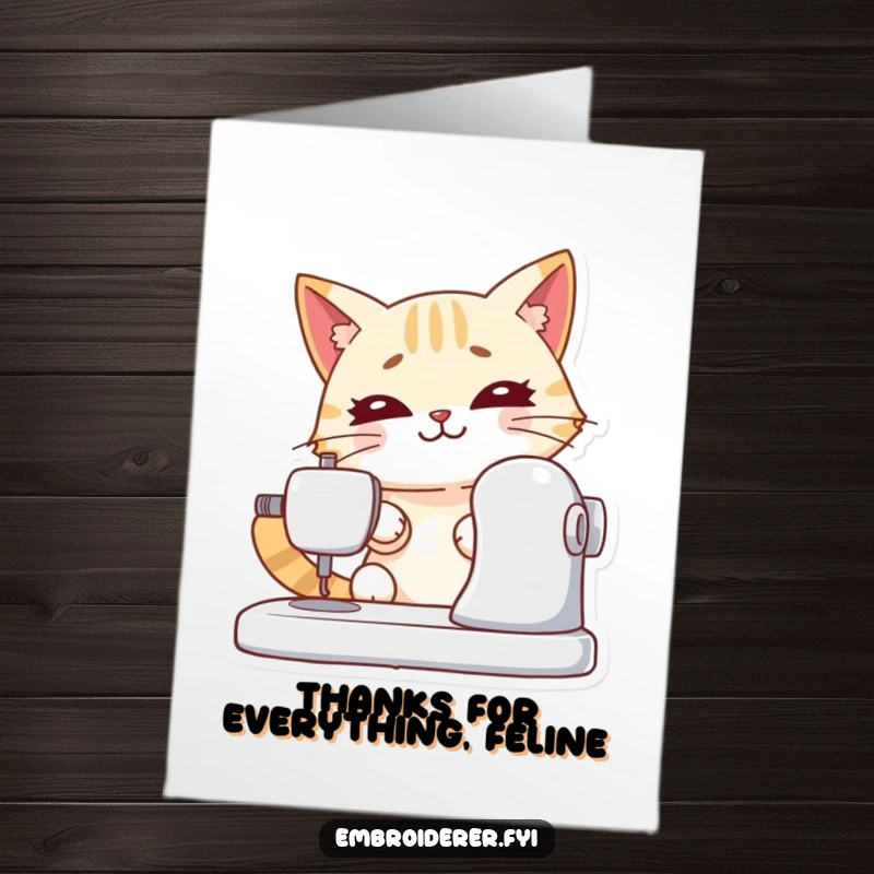 Funny free printable thank you card: a happy cat diligently sewing to express thanks with a smile.
