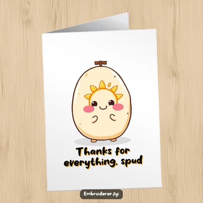 Funny free printable thank you card showing a happy potato embroidering a smiling sun, a cheerful and unique way to say thanks.