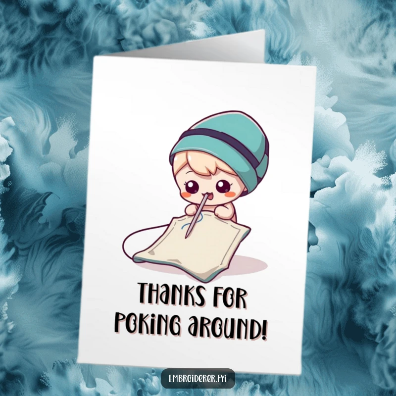 Funny Free Printable Thank You Card: A needle with a wink poking fabric, sending thanks from the sewing world.