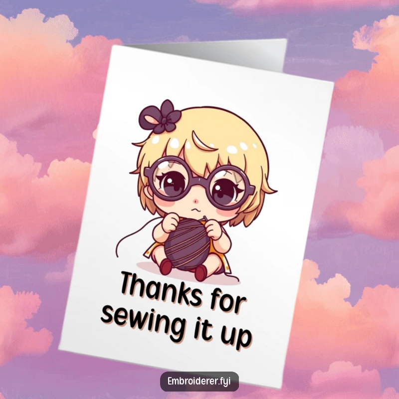 Funny Free Printable Thank You Card: Cute character with big glasses sewing, a charming and downloadable gift for expressing thanks.