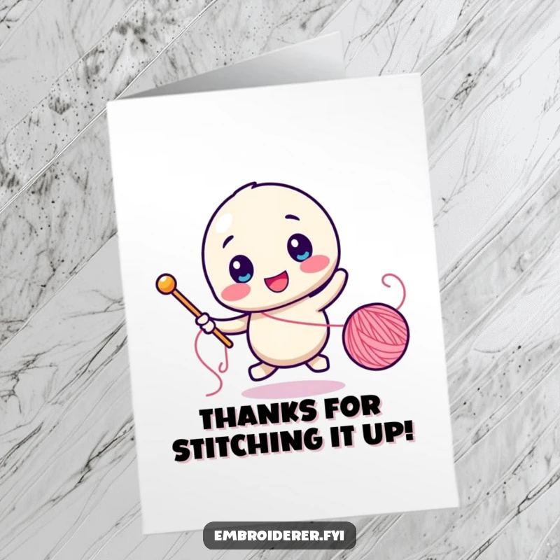 Funny Free Printable Thank You Card: A character comically chasing a runaway spool of thread with a needle, a humorous thank you.