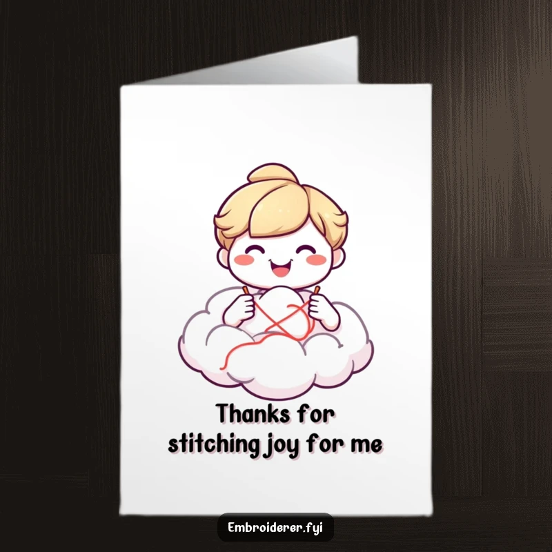 Funny Free Printable Thank You Card of a character smiling while stitching a fluffy, whimsical cloud, conveying thanks like a gentle breeze.