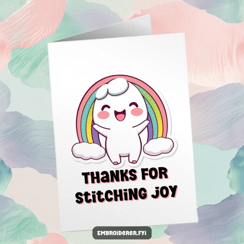 Funny Free Printable Thank You Card: Joyful character proudly shows off a perfectly stitched miniature rainbow arc, expressing thanks with a smile.