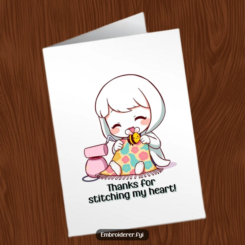 Funny Free Printable Thank You Card of a character sewing a happy bee, showing appreciation.