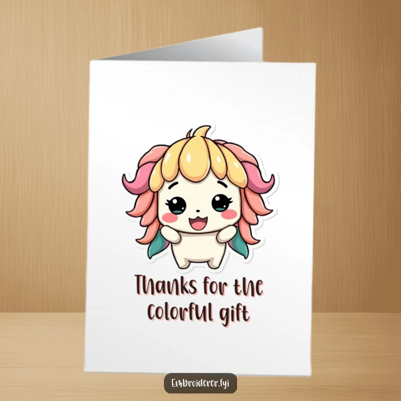 Funny Free Printable Thank You Card of a character proudly displaying their slightly lopsided but colorful handmade creation, thanking with humor.