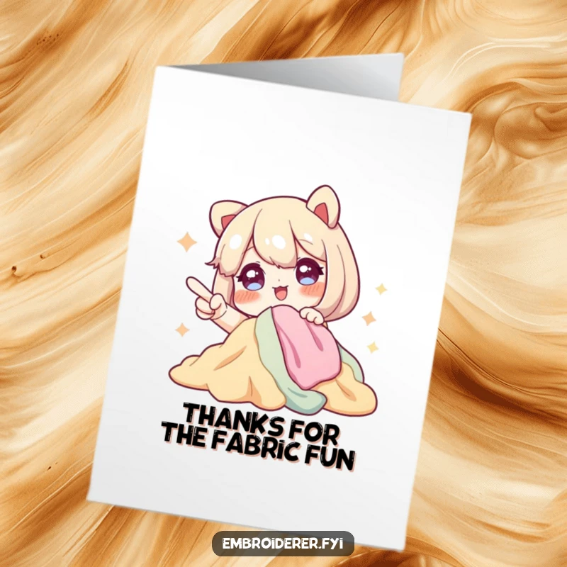 Funny Free Printable Thank You Card of a character with sparkling eyes excitedly pointing at a pile of fabric, thanking with textile adoration.