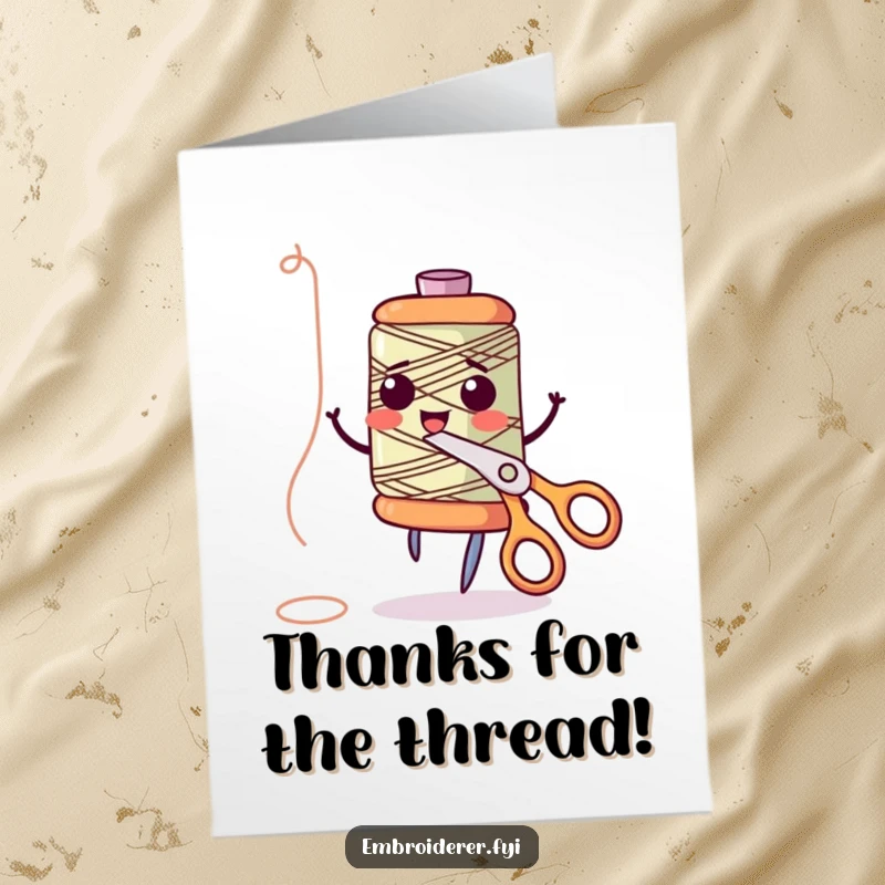 Funny Free Printable Thank You Card of a giggling thread spool dancing with scissors, a playful way to say thank you.
