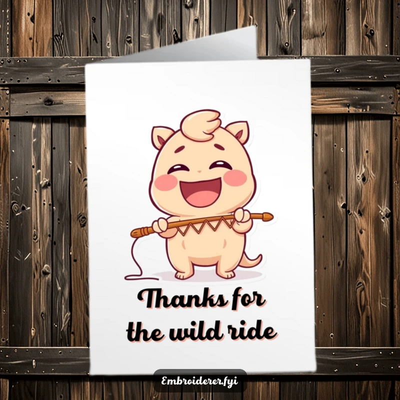 Funny Free Printable Thank You Card: A gleeful character laughs while creating a comical zig-zag pattern with a large needle, saying thanks.