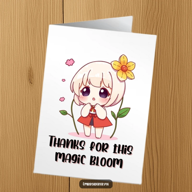 Funny Free Printable Thank You Card: Character gasps with delight as a beautiful embroidered flower magically appears in their hands.