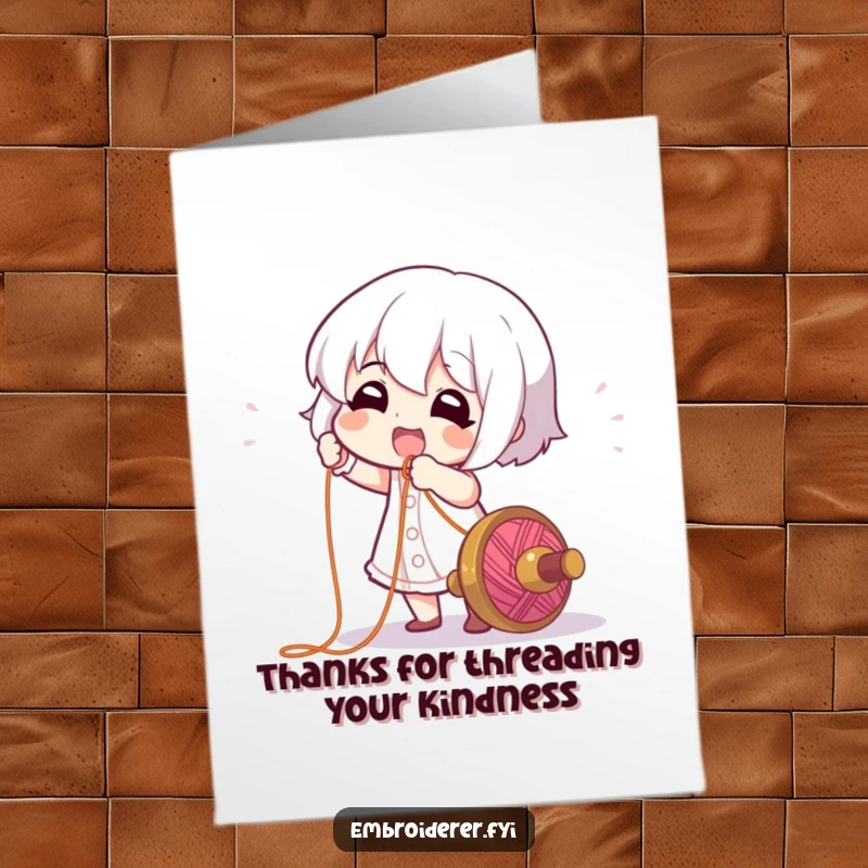 Funny Free Printable Thank You Card of a character gleefully pulling a long, colorful thread, expressing thanks with humor.