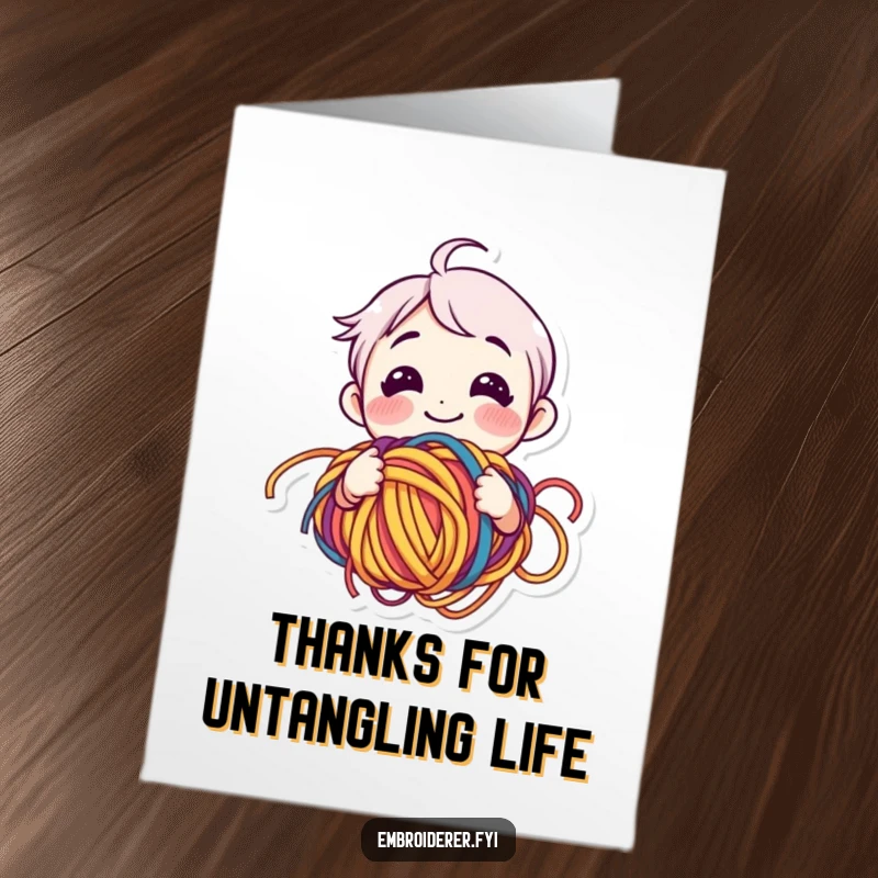 Funny Free Printable Thank You Card: A smiling character looking happily bewildered by a large tangled ball of colorful yarn.