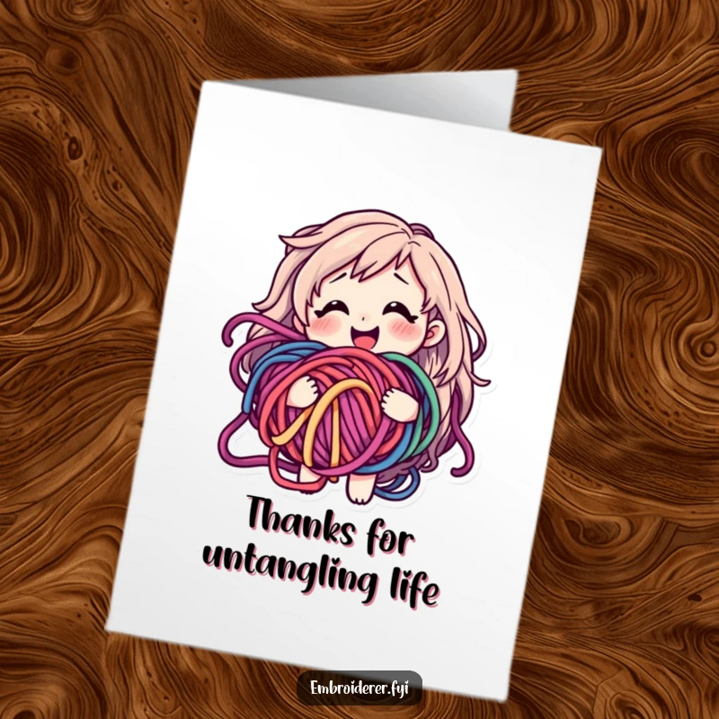 Funny Free Printable Thank You Card: Character smiling with a tangled yarn ball, a charming downloadable gift for crafters.
