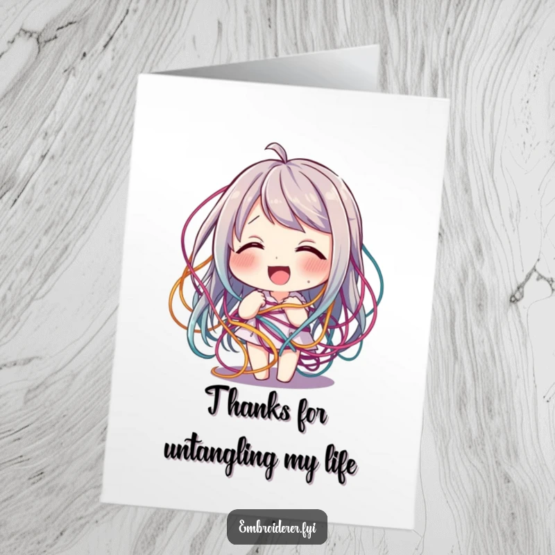 Funny Free Printable Thank You Card: Character giggling as colorful threads playfully wrap around them, expressing thanks.