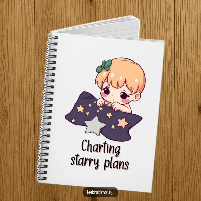 Funny notebook featuring a determined character carefully stitching tiny stars onto dark fabric, encouraging creative documentation.