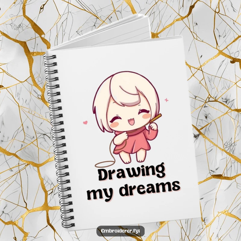 Funny notebook cover with a playful character using needle and thread to draw a swirling, decorative line.