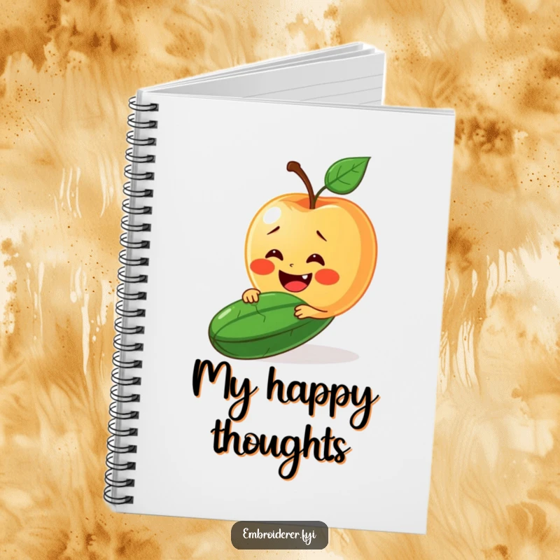 Funny notebook with a delighted apple trying to stitch a smile onto a grumpy cucumber.