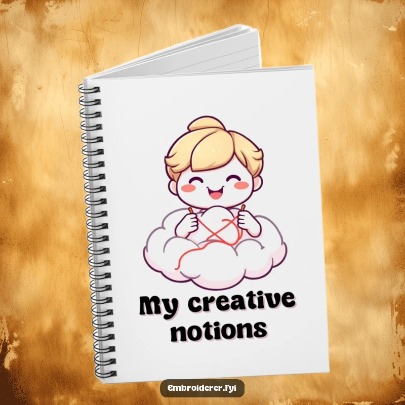 Funny smiling character creating a fluffy cloud on a notebook cover, perfect for jotting down creative ideas with humor.