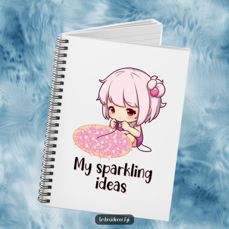 Funny notebook with a focused crafter stitching beads onto a swirling pattern, ideal for notes and sketches.